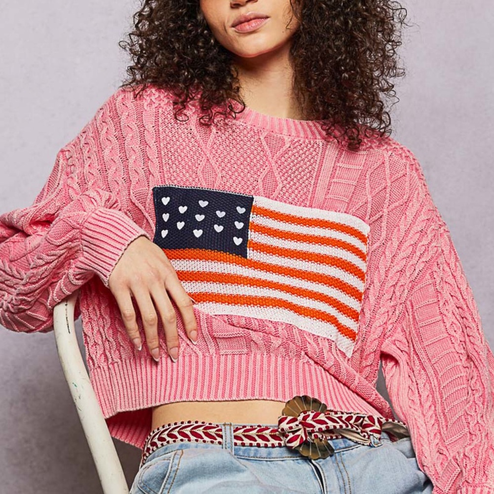 🇺🇸SALE! POL Pink Cable Knit Sweater with Flag Design